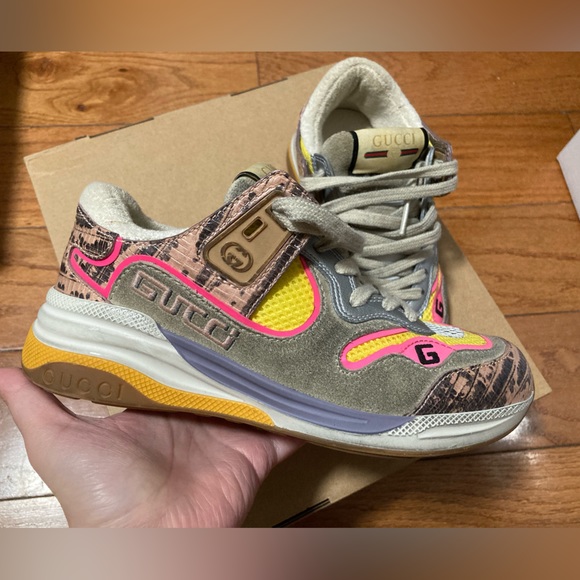 Gucci Ultrapace Sneakers Pink Multi Leather Metallic Reptile Snake Print Sz 34.5 - Picture 6 of 11